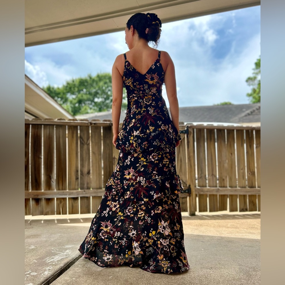 A.L.C. Zaydena Floral Silk Maxi Dress Black Floral Print Ruffle Spaghetti Strap - Picture 2 of 10